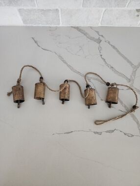 Vintage Inspired Rustic Bell Garland On Jute Rope With Wood Beads (2 Garlands)